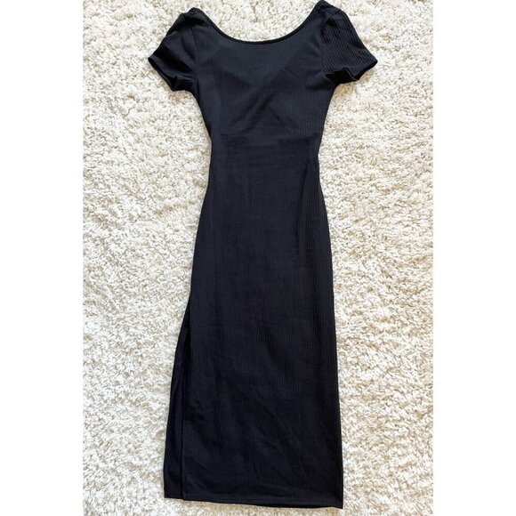 Antistar Soft Stretch Ribbed Black Midi Dress With Back Cutout & Short Sleeves N - Picture 3 of 5